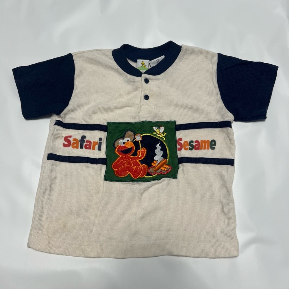 Vintage Safari Sesame Elmo Kids Shirt size 5T Cream and navy blue